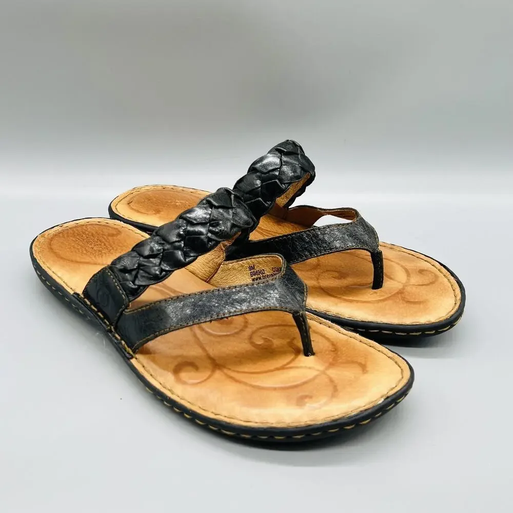 Born Sandals Womens 9 Black Leather Braided Strap Thong Slip On Comfort Shoes